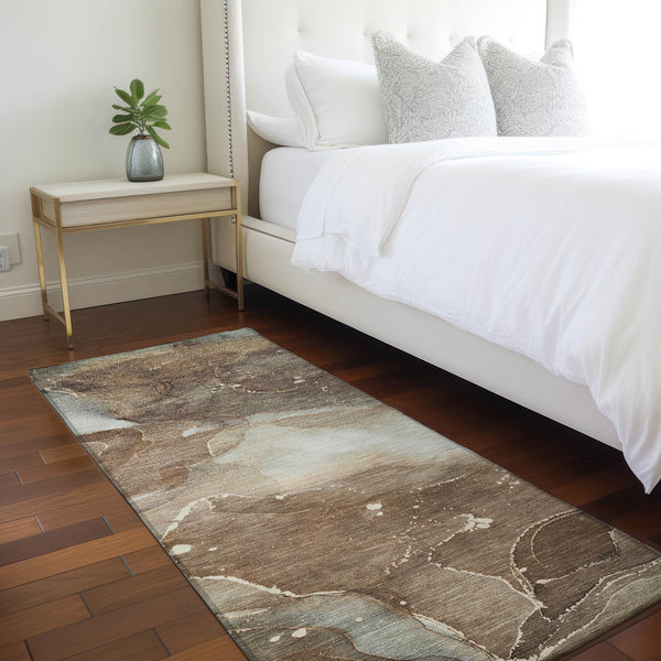 Homeroots 8' Runner Brown Abstract Washable Non Skid Indoor Outdoor Runner Rug Brown Polyester 560493