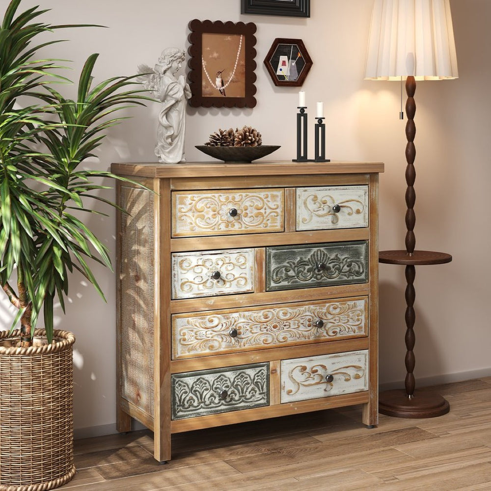English Elm Vintage Wooden Accent Chest With 6 Drawers – Rustic Multicolor Storage Dresser For Home Decor W2295P388838-GIGA