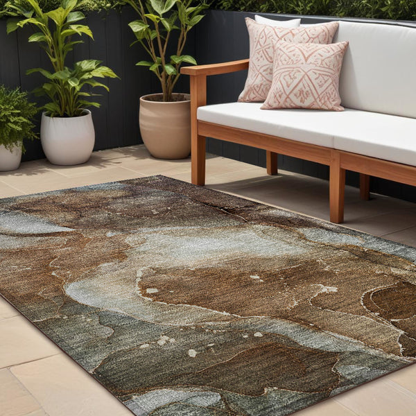 Homeroots 10' X 14' Brown Abstract Washable Non Skid Indoor Outdoor Area Rug Brown Polyester 560500