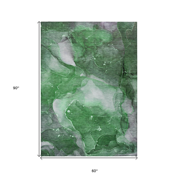 Homeroots 5' X 8' Emerald Abstract Washable Non Skid Indoor Outdoor Area Rug Emerald Polyester 560505