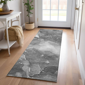 Homeroots 8' Runner Gray Abstract Washable Non Skid Indoor Outdoor Runner Rug Gray Polyester 560511