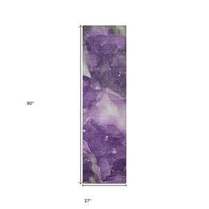 Homeroots 8' Runner Purple Abstract Washable Non Skid Indoor Outdoor Runner Rug Purple Polyester 560520