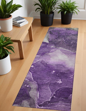 Homeroots 8' Runner Purple Abstract Washable Non Skid Indoor Outdoor Runner Rug Purple Polyester 560520
