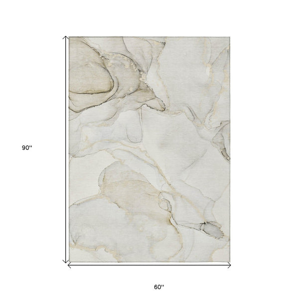 HomeRoots 5' Contemporary Beige and Ivory Abstract Washable Area Rug for Indoor and Outdoor Use, Non-Skid 5' X 8' 560541
