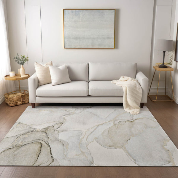 HomeRoots 5' Contemporary Beige and Ivory Abstract Washable Area Rug for Indoor and Outdoor Use, Non-Skid 5' X 8' 560541