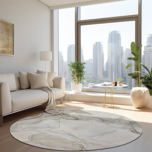 HomeRoots 5' Contemporary Beige and Ivory Abstract Washable Area Rug for Indoor and Outdoor Use, Non-Skid 8' Round 560542