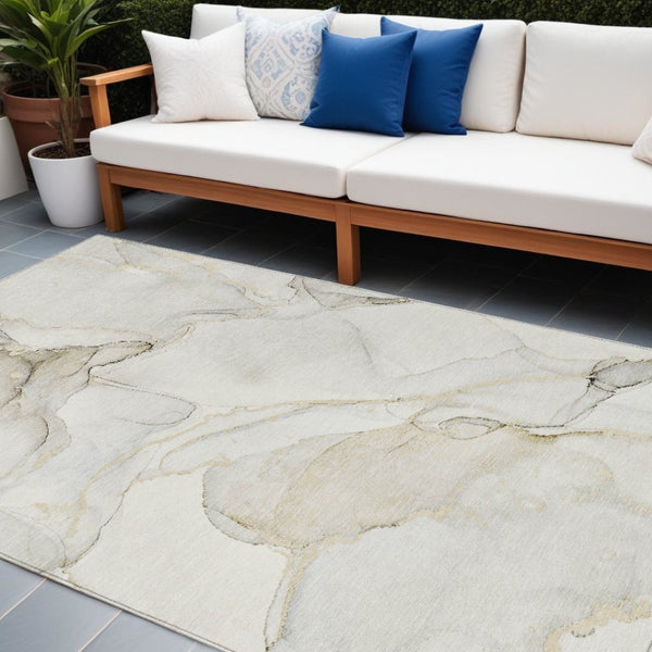 HomeRoots 5' Contemporary Beige and Ivory Abstract Washable Area Rug for Indoor and Outdoor Use, Non-Skid 9' X 12' 560544