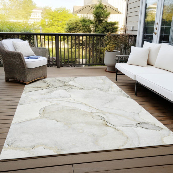 HomeRoots 5' Contemporary Beige and Ivory Abstract Washable Area Rug for Indoor and Outdoor Use, Non-Skid 10' X 14' 560545