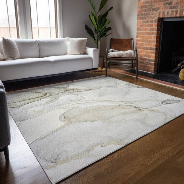 HomeRoots 5' Contemporary Beige and Ivory Abstract Washable Area Rug for Indoor and Outdoor Use, Non-Skid 10' X 14' 560545