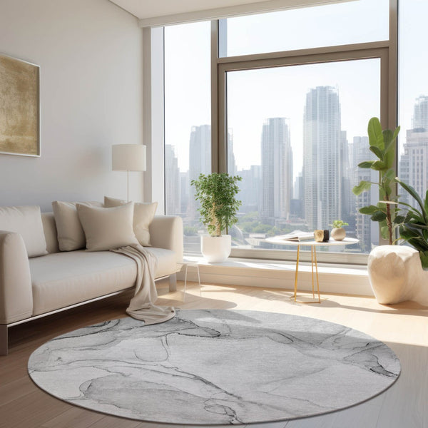 HomeRoots 5' Contemporary Beige and Ivory Abstract Washable Area Rug for Indoor and Outdoor Use, Non-Skid 8' Round 560551