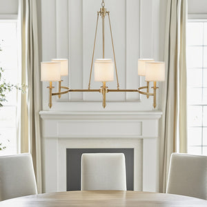 English Elm 6-light Drum Shade Chandelier with Fabric Shades and Iron Frame, 39" Wide Hanging Statement Fixture Antique Gold 43.88 L x 20.5 W x 11.75 H B035P264528