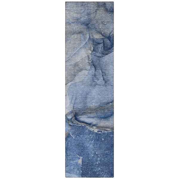 Homeroots 2' X 8' Navy Blue Abstract Washable Indoor Outdoor Runner Rug Navy Polyester 560574