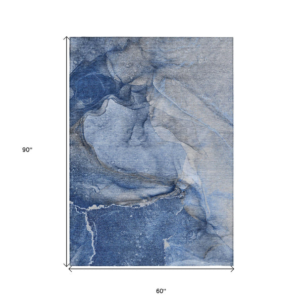 Homeroots 5' X 8' Navy Blue Abstract Washable Non Skid Indoor Outdoor Area Rug Navy Polyester 560577