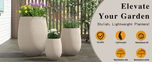 English Elm U_style Egg Shaped Mgo Stone Look Planters Set of 3 Sculptural Pots for Patio Garden N711P406659A
