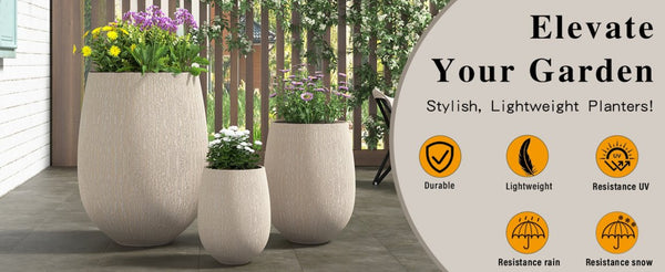 English Elm U_style Egg Shaped Mgo Stone Look Planters Set of 3 Sculptural Pots for Patio Garden N711P406659A