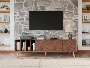 English Elm 70" Mid-Century Modern TV Stand with Lattice Wood Grain, 3 Cabinets & 4 Open Shelves, Walnut Elegance N710P222773P