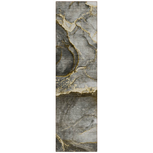 Homeroots 8' Runner Gray And Gold Abstract Washable Non Skid Indoor Outdoor Runner Rug Gold Polyester 560610