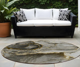 Homeroots 8' Round Gray And Gold Round Abstract Washable Non Skid Indoor Outdoor Area Rug Gold Polyester 560614