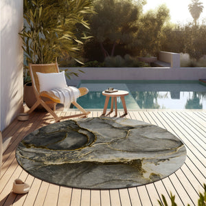 Homeroots 8' Round Gray And Gold Round Abstract Washable Non Skid Indoor Outdoor Area Rug Gold Polyester 560614