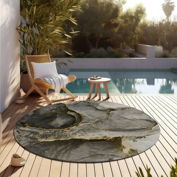 Homeroots 8' Round Gray And Gold Round Abstract Washable Non Skid Indoor Outdoor Area Rug Gold Polyester 560614