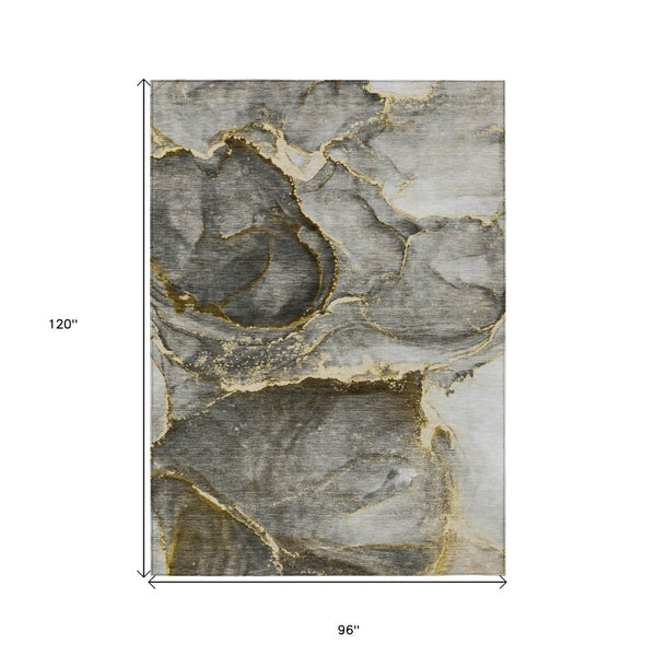 HomeRoots 5' Modern Gray and Gold Abstract Area Rug - Washable, Non-Skid, UV Resistant for Indoor/Outdoor Use 8' X 10' 560615