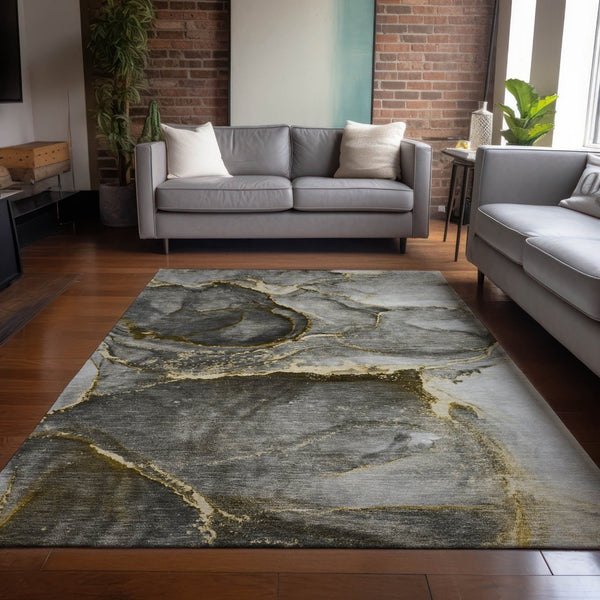 HomeRoots 5' Modern Gray and Gold Abstract Area Rug - Washable, Non-Skid, UV Resistant for Indoor/Outdoor Use 8' X 10' 560615