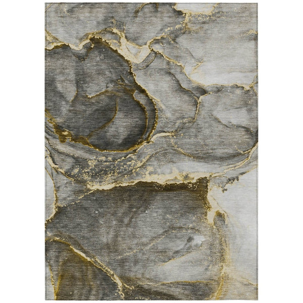 HomeRoots 5' Modern Gray and Gold Abstract Area Rug - Washable, Non-Skid, UV Resistant for Indoor/Outdoor Use 9' X 12' 560616