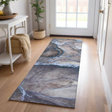 Homeroots 8' Runner Navy Blue Abstract Washable Non Skid Indoor Outdoor Runner Rug Navy Polyester 560619