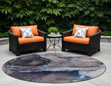 Homeroots 8' Round Navy Blue Round Abstract Washable Non Skid Indoor Outdoor Area Rug Navy Polyester 560623