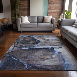 HomeRoots 5' Modern Gray and Gold Abstract Area Rug - Washable, Non-Skid, UV Resistant for Indoor/Outdoor Use 10' X 14' 560626