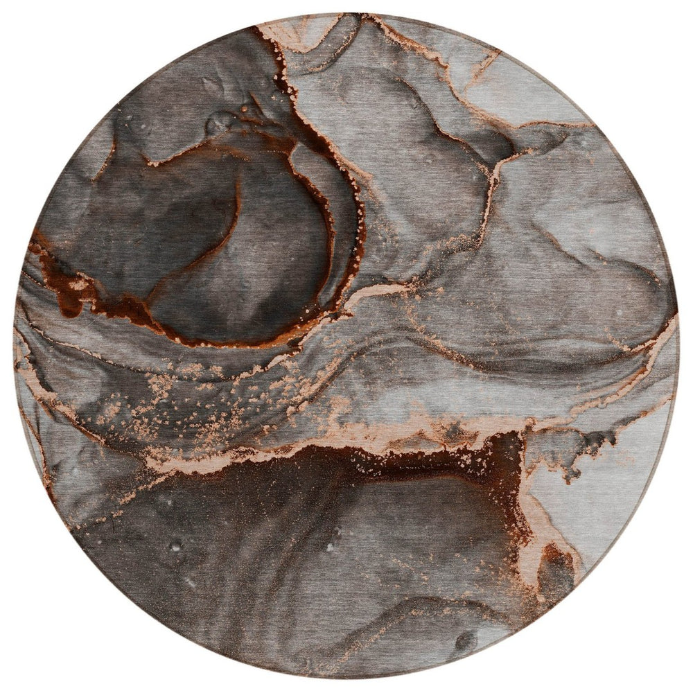 HomeRoots 5' Modern Gray and Gold Abstract Area Rug - Washable, Non-Skid, UV Resistant for Indoor/Outdoor Use 8' Round 560632
