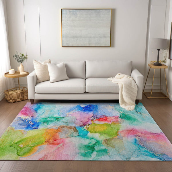 HomeRoots 5' Vibrant Abstract Area Rug in Blue, Pink, and Green - Washable, Durable, Perfect for Indoor & Outdoor 5' X 8' 560640