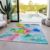 Homeroots 5' X 8' Blue Pink And Green Abstract Washable Indoor Outdoor Area Rug Blue Polyester 560640