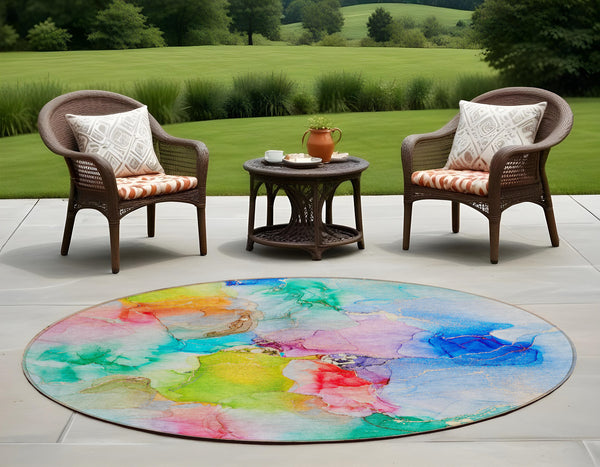 Homeroots 8' X 8' Blue Pink And Green Round Abstract Washable Indoor Outdoor Area Rug Blue Polyester 560641