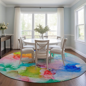 HomeRoots 5' Vibrant Abstract Area Rug in Blue, Pink, and Green - Washable, Durable, Perfect for Indoor & Outdoor 8' X 8' 560641