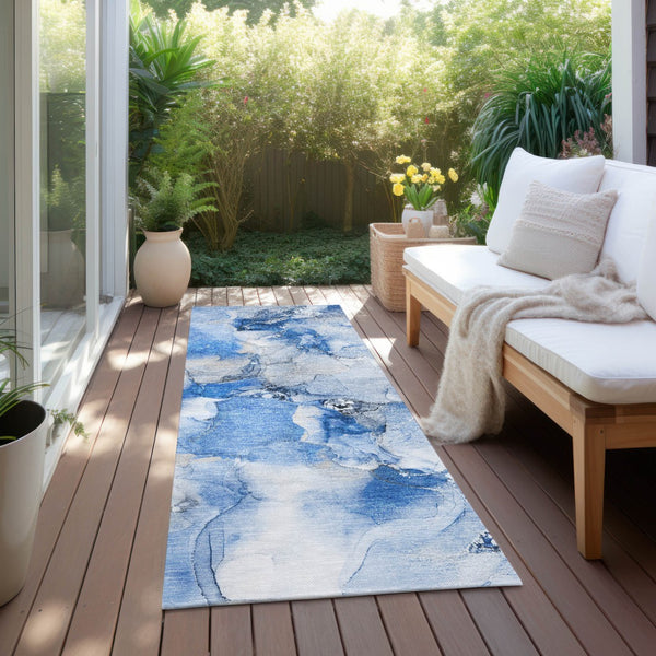 Homeroots 2' X 8' Abstract Washable Indoor Outdoor Runner Rug - Stylish, Stain Resistant Addition For Any Space Navy Polyester 560646