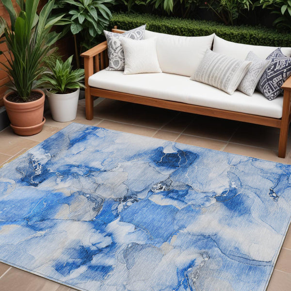 Homeroots 10' X 14' Navy Blue Abstract Washable Indoor Outdoor Area Rug Navy Polyester 560653