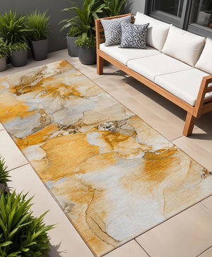 Homeroots 2' X 8' Abstract Washable Indoor Outdoor Runner Rug - Stylish, Stain Resistant Addition For Any Space Orange Polyester 560655