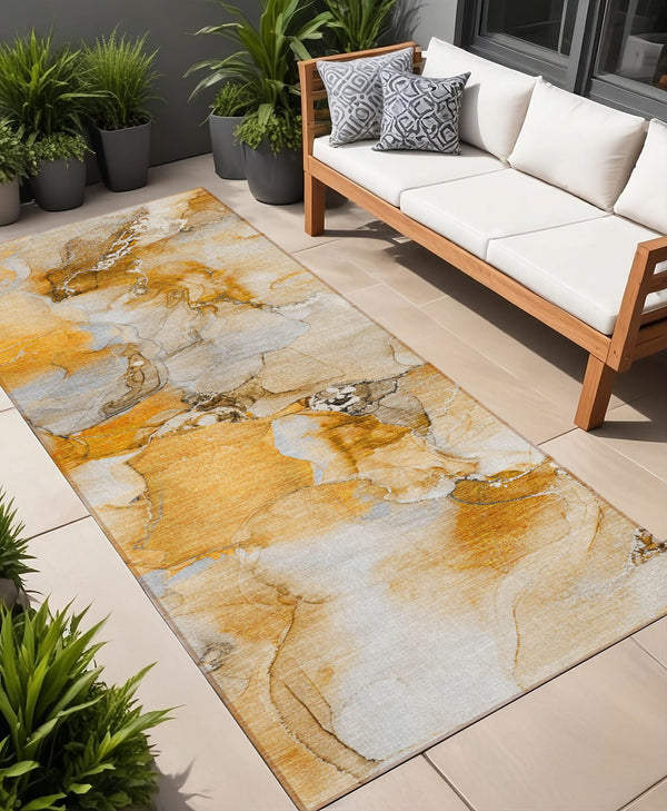 Homeroots 2' X 8' Abstract Washable Indoor Outdoor Runner Rug - Stylish, Stain Resistant Addition For Any Space Orange Polyester 560655