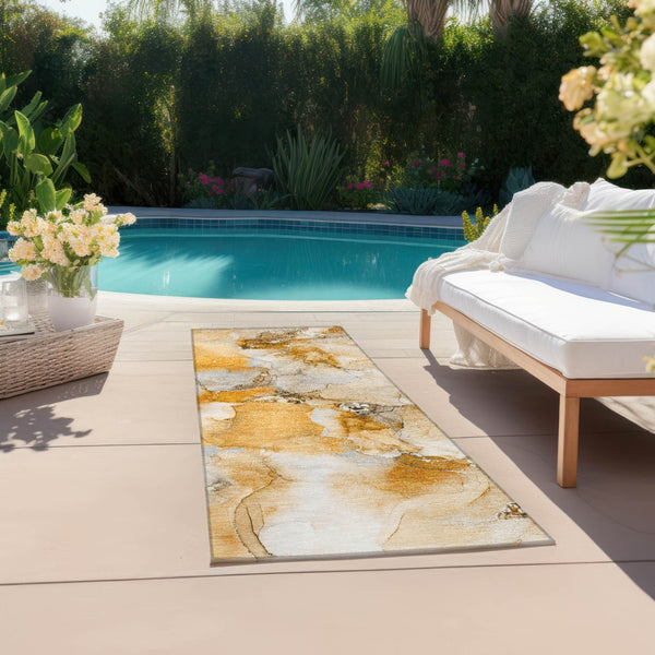 Homeroots 2' X 8' Abstract Washable Indoor Outdoor Runner Rug - Stylish, Stain Resistant Addition For Any Space Orange Polyester 560655