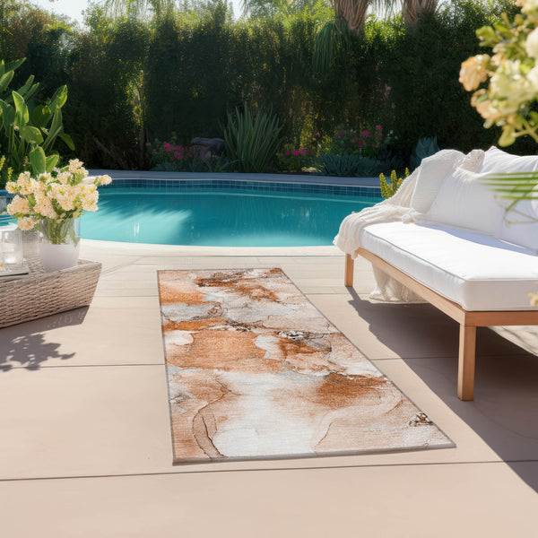 Homeroots 2' X 8' Orange And Ivory Abstract Washable Indoor Outdoor Runner Rug Paprika Polyester 560664