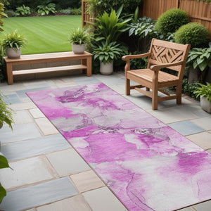 Homeroots 2' X 8' Abstract Washable Indoor Outdoor Runner Rug - Stylish, Stain Resistant Addition For Any Space Pink Polyester 560673