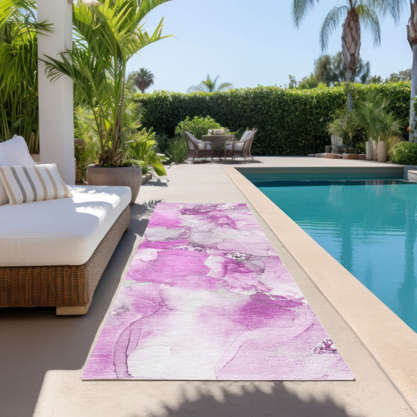 Homeroots 2' X 8' Abstract Washable Indoor Outdoor Runner Rug - Stylish, Stain Resistant Addition For Any Space Pink Polyester 560673