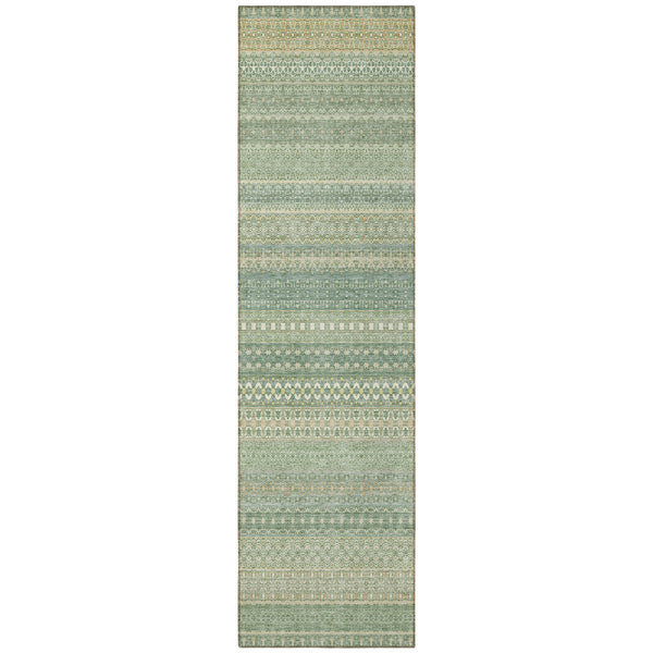 Homeroots 2' Artichoke Green Striped Washable Indoor Outdoor Runner Rug - Stylish, Stain-resistant Design Aloe Polyester 560682