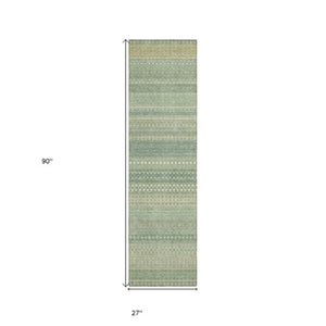 Homeroots 2' Artichoke Green Striped Washable Indoor Outdoor Runner Rug - Stylish, Stain-resistant Design Aloe Polyester 560682