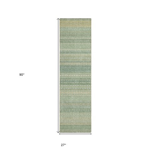 Homeroots 2' Artichoke Green Striped Washable Indoor Outdoor Runner Rug - Stylish, Stain-resistant Design Aloe Polyester 560682