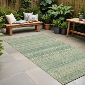 Homeroots 2' Artichoke Green Striped Washable Indoor Outdoor Runner Rug - Stylish, Stain-resistant Design Aloe Polyester 560682