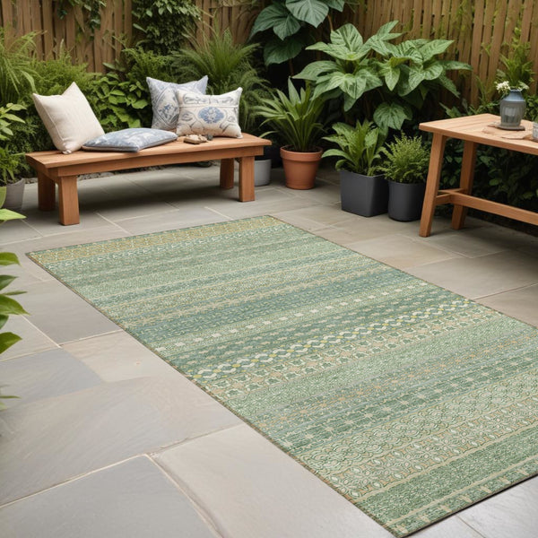 Homeroots 2' Artichoke Green Striped Washable Indoor Outdoor Runner Rug - Stylish, Stain-resistant Design Aloe Polyester 560682