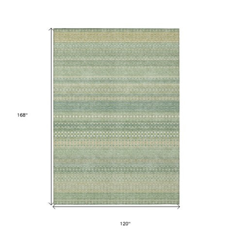 Homeroots 2' Artichoke Green Striped Washable Indoor Outdoor Runner Rug - Stylish, Stain-resistant Design 10' X 14' Polyester 560689