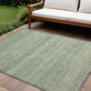 Homeroots 2' Artichoke Green Striped Washable Indoor Outdoor Runner Rug - Stylish, Stain-resistant Design 10' X 14' Polyester 560689